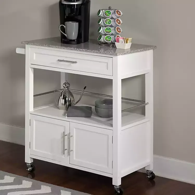Kirklands Home White Parker Granite Top Rolling Kitchen Cart Best