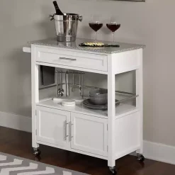 Kirklands Home White Parker Granite Top Rolling Kitchen Cart Best