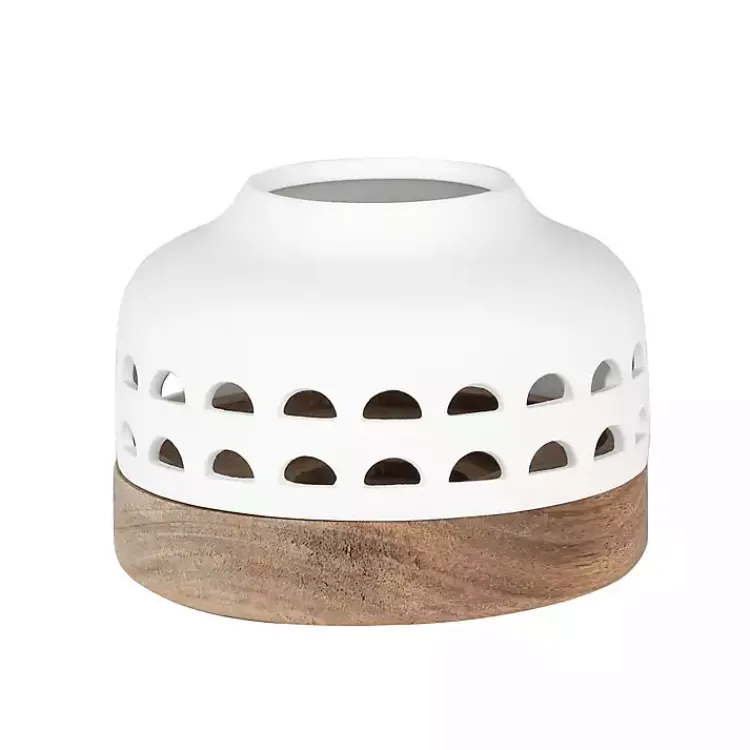 Lanterns>Kirklands Home White Porcelain and Acacia Wood Lantern, 4 in.