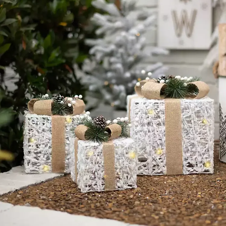 Outdoor Christmas Decorations>Kirklands Home White Pre-Lit Tan Bow Gift Box, 10 in.