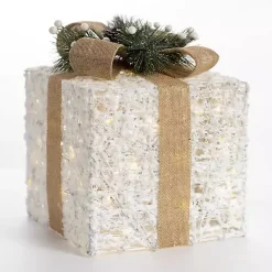 Outdoor Christmas Decorations>Kirklands Home White Pre-Lit Tan Bow Gift Box, 10 in.