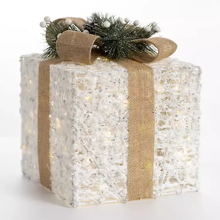Outdoor Christmas Decorations>Kirklands Home White Pre-Lit Tan Bow Gift Box, 10 in.