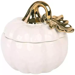 Fall>Kirklands Home White Pumpkin Bowl with Gold Leaf Lid, 8 in.