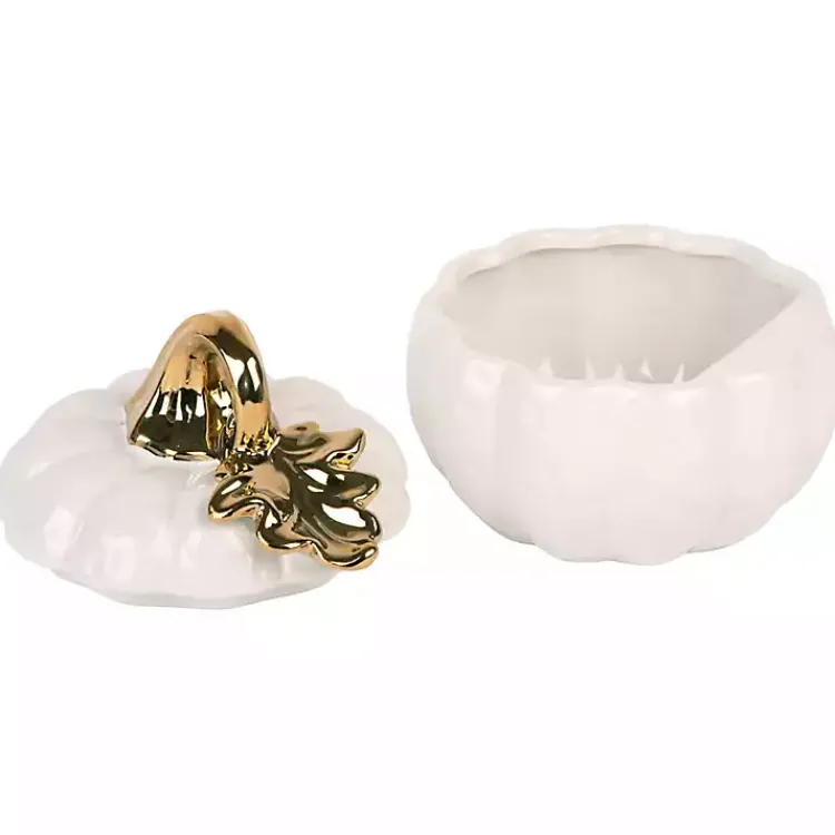 Fall>Kirklands Home White Pumpkin Bowl with Gold Leaf Lid, 8 in.
