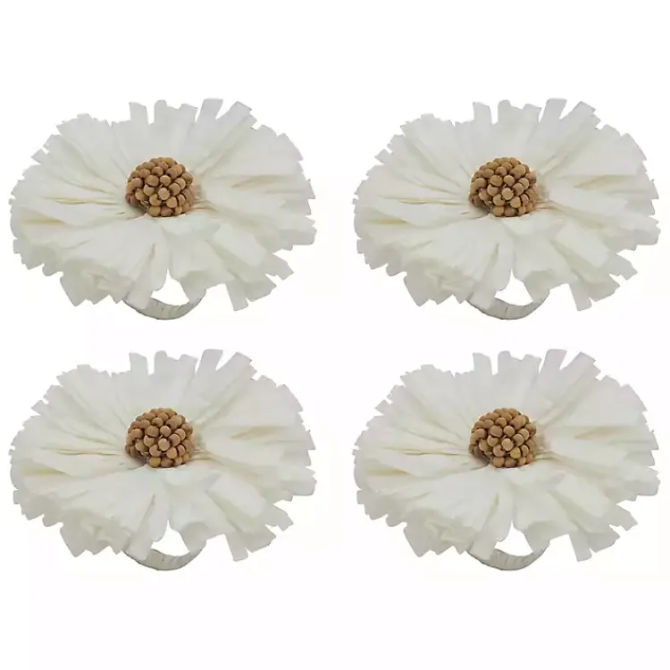 Kirklands Home Raffia Flower Napkin Rings, Set of 4 White Hot