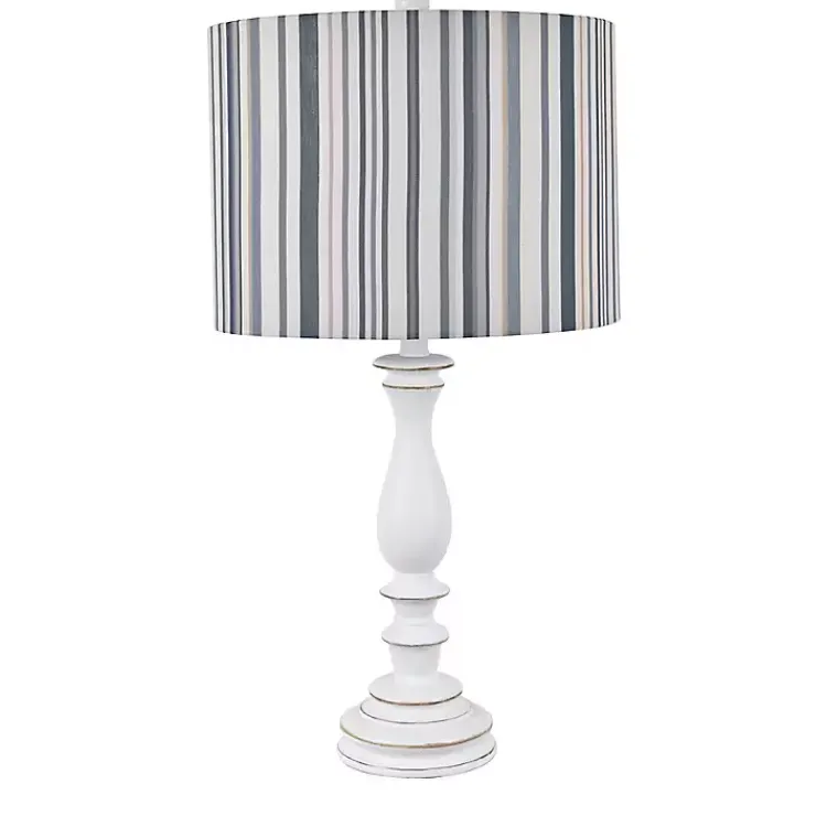 Kirklands Home White Resin Table Lamp with Blue Stripe Shade Outlet