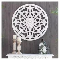 Kirklands Home Round Medallion Wood Plaque White