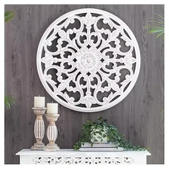 Kirklands Home Round Medallion Wood Plaque White
