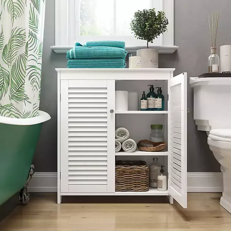 Kirklands Home Slatted 2-Door Bathroom Storage Cabinet White New
