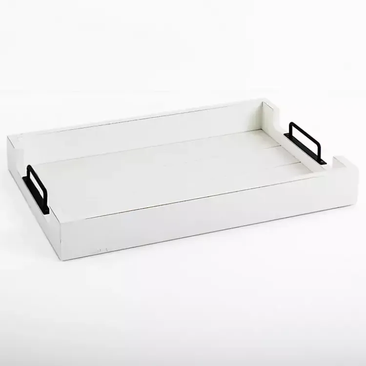 Decorative Trays>Kirklands Home Slatted Wood & Metal Handles Tray White