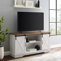 Kirklands Home Sliding Door Rustic Oak Top TV Stand White Sale