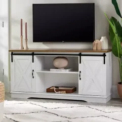 Kirklands Home Sliding Door Rustic Oak Top TV Stand White Sale