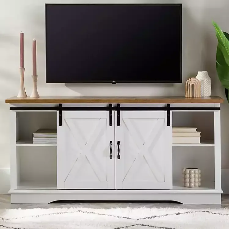 Kirklands Home Sliding Door Rustic Oak Top TV Stand White Sale