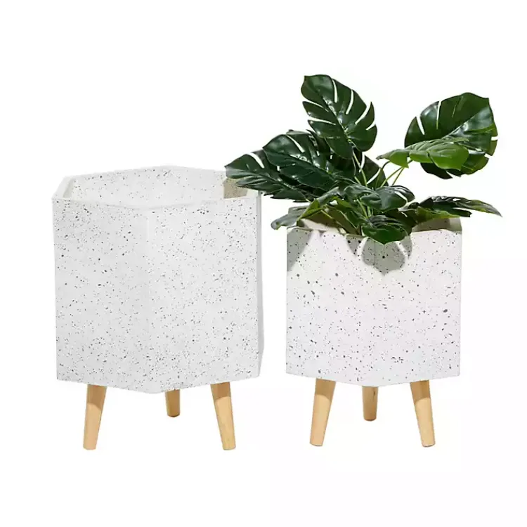Kirklands Home Speckled Planters with Wooden Legs, Set of 2 White New