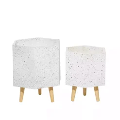 Kirklands Home Speckled Planters with Wooden Legs, Set of 2 White New