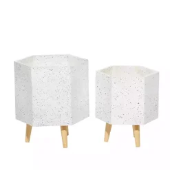 Kirklands Home Speckled Planters with Wooden Legs, Set of 2 White New