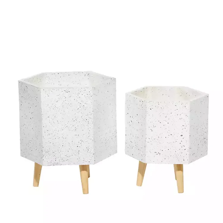Kirklands Home Speckled Planters with Wooden Legs, Set of 2 White New