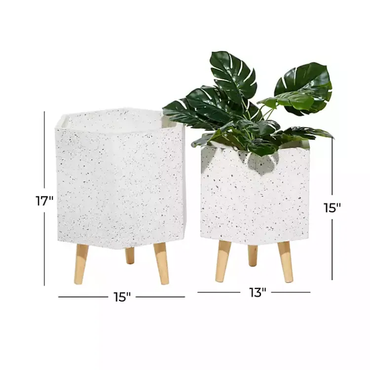 Kirklands Home Speckled Planters with Wooden Legs, Set of 2 White New