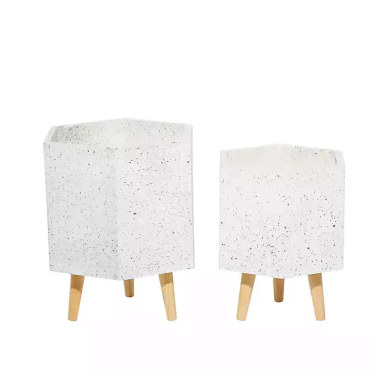Kirklands Home Speckled Planters with Wooden Legs, Set of 2 White New