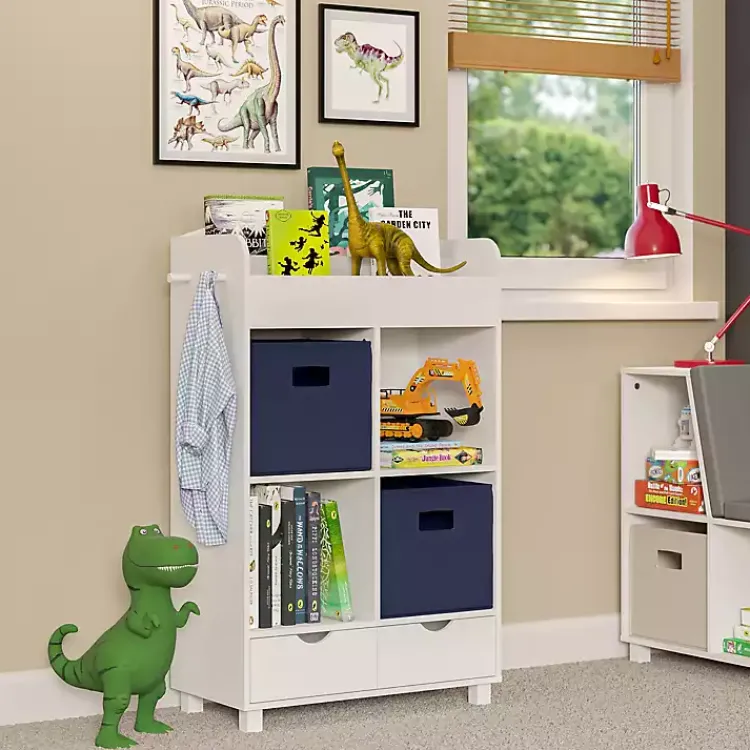 Kirklands Home Storage Cabinet Bookshelf with 2 Navy Bins White Outlet