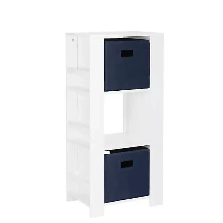 Kirklands Home Storage Tower Bookshelf with 2 Navy Bins White Outlet