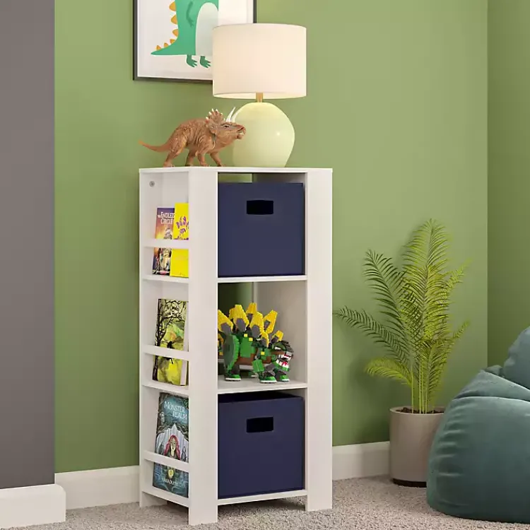 Kirklands Home Storage Tower Bookshelf with 2 Navy Bins White Outlet