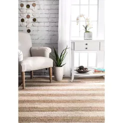 Kirklands Home White Stripe Jute Area Rug, 5x8 New