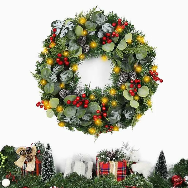Wreaths>Kirklands Home White Tip Pinecone and Eucalyptus Pre-Lit Wreath