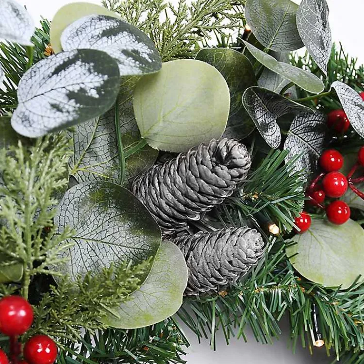 Wreaths>Kirklands Home White Tip Pinecone and Eucalyptus Pre-Lit Wreath