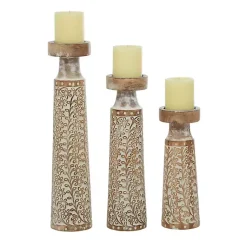 Candle Holders>Kirklands Home White Washed Floral Wood Candle Holders, Set of 3