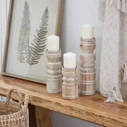 Candle Holders>Kirklands Home White Washed Wood Column Candle Holders, Set of 3