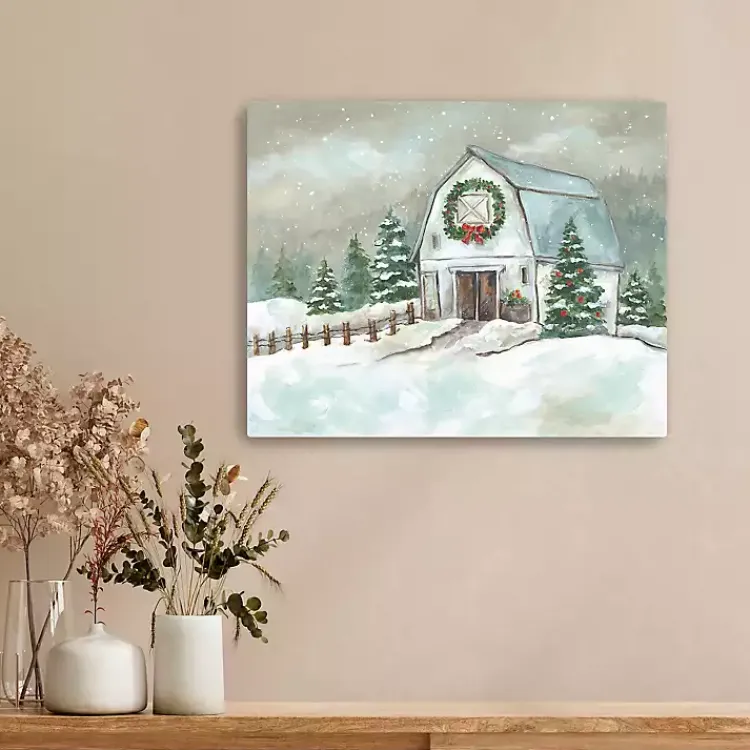 Christmas Art & Wall Decor>Kirklands Home White Winter Barn Canvas Art Print, 20x16 in.