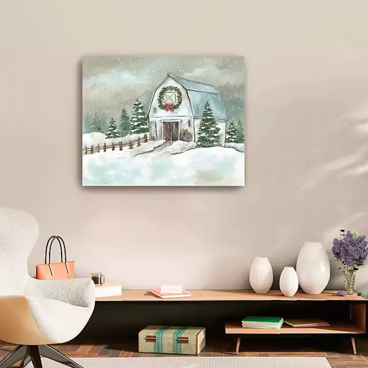 Christmas Art & Wall Decor>Kirklands Home White Winter Barn Canvas Art Print, 30x24 in.