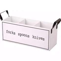Kirklands Home Wood and Black Metal Handles Utensil Caddy White