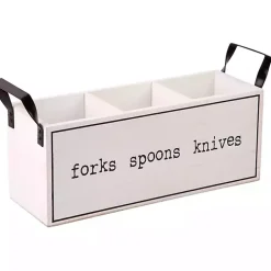Kirklands Home Wood and Black Metal Handles Utensil Caddy White