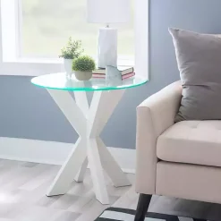 Kirklands Home Wood and Glass Top X-Base Accent Table White Online