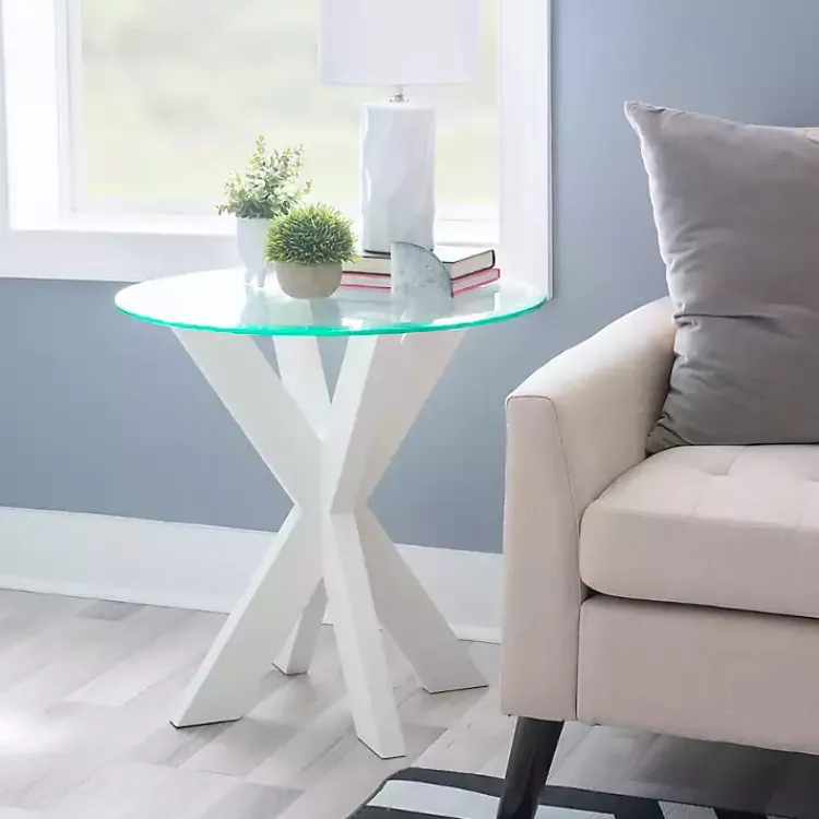 Kirklands Home Wood and Glass Top X-Base Accent Table White Online