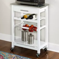 Kirklands Home Wood and Stainless Steel Kitchen Cart White