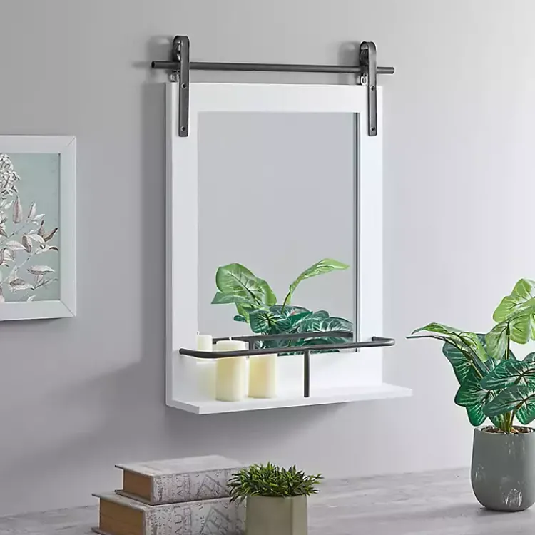 Kirklands Home Wood Barn Door Frame with Shelf Wall Mirror White Outlet