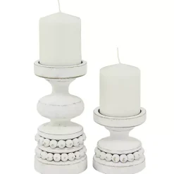 Candle Holders>Kirklands Home Wood Beaded Pillar Candle Holders, Set of 2 White