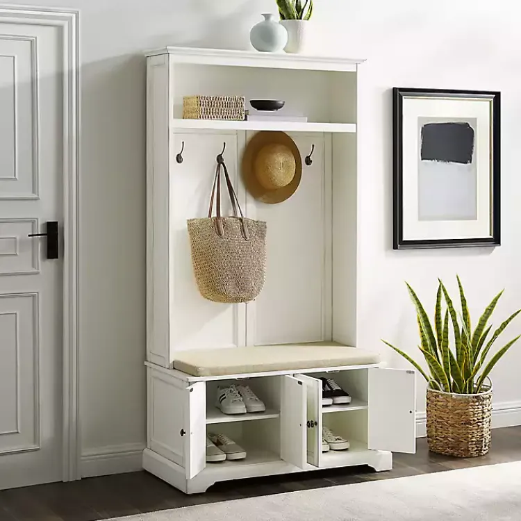 Kirklands Home Wood Hall Tree with Cushioned Bench White Clearance
