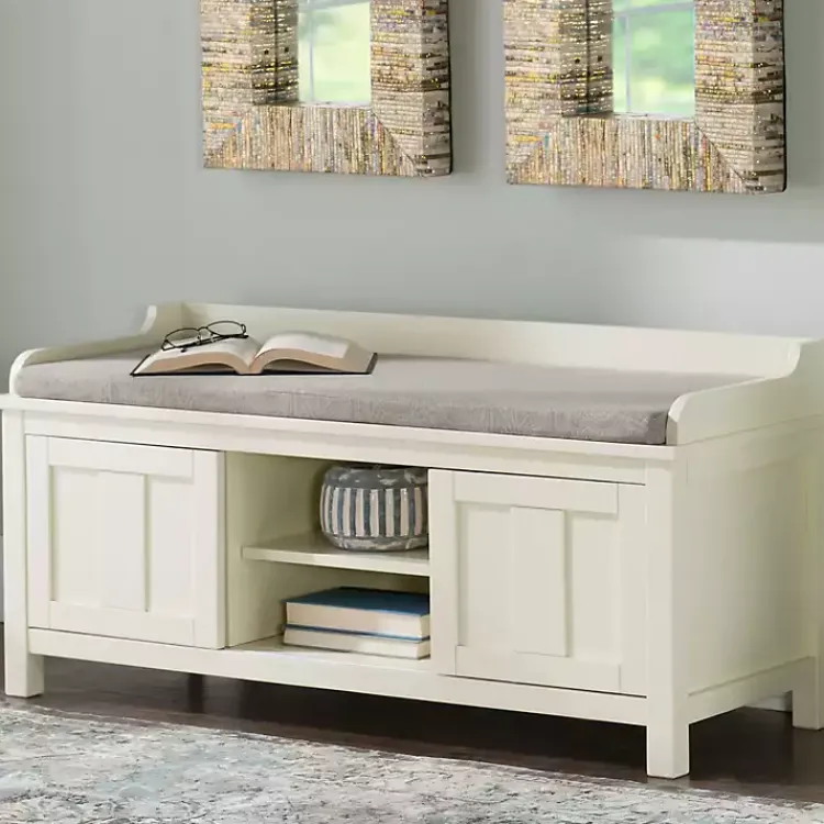 Kirklands Home White Wood Upholstered Storage Bench Hot