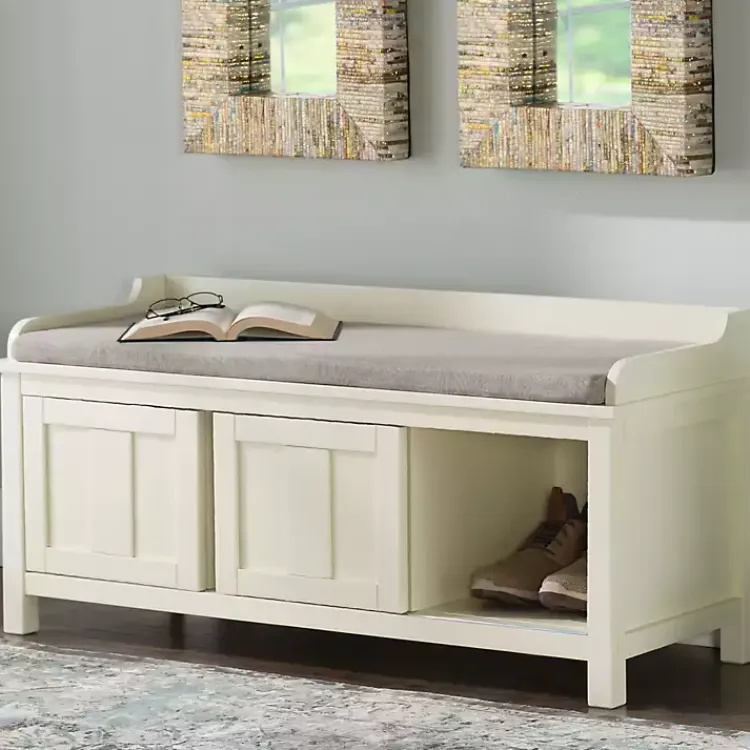 Kirklands Home White Wood Upholstered Storage Bench Hot