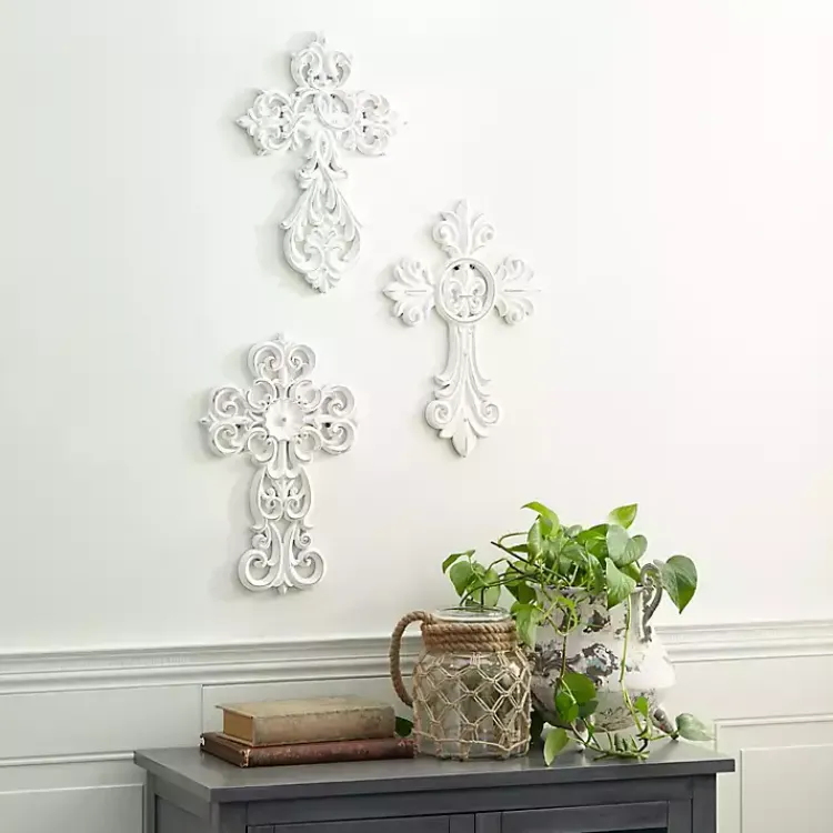 Kirklands Home Wood Wall Cross Wall Plaques, Set of 3 White Outlet