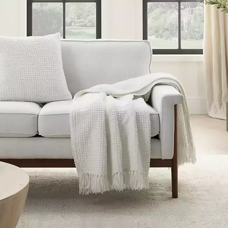 Blankets & Throws>Kirklands Home Woven Waffle Knit Chenille Throw White