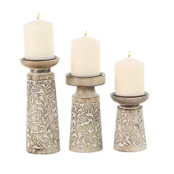 Candle Holders>Kirklands Home Whitewash Floral Mango Candlesticks, Set of 3