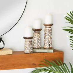 Candle Holders>Kirklands Home Whitewash Floral Mango Candlesticks, Set of 3