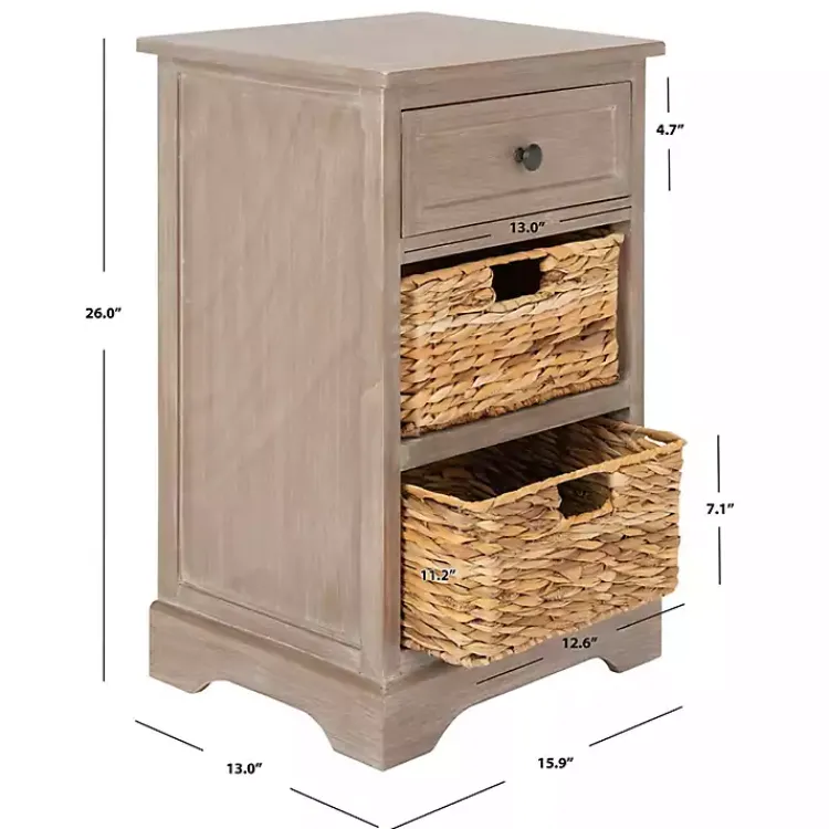 Kirklands Home Whitewashed Brown Wood Side Table with Baskets New