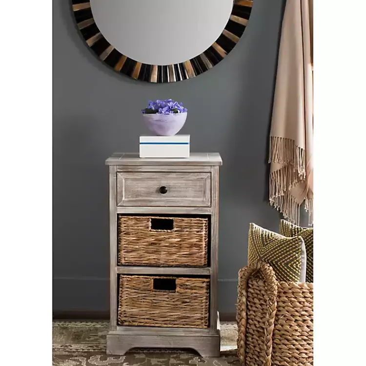 Kirklands Home Whitewashed Brown Wood Side Table with Baskets New
