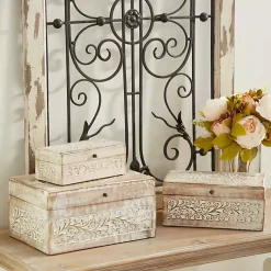 Baskets & Boxes>Kirklands Home washed Floral Carved Wood Boxes, Set of 3 White